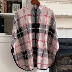 Nicole Miller Plaid Zip-Front Poncho Cape L/XL Black Grey Neutral Preppy Cozy